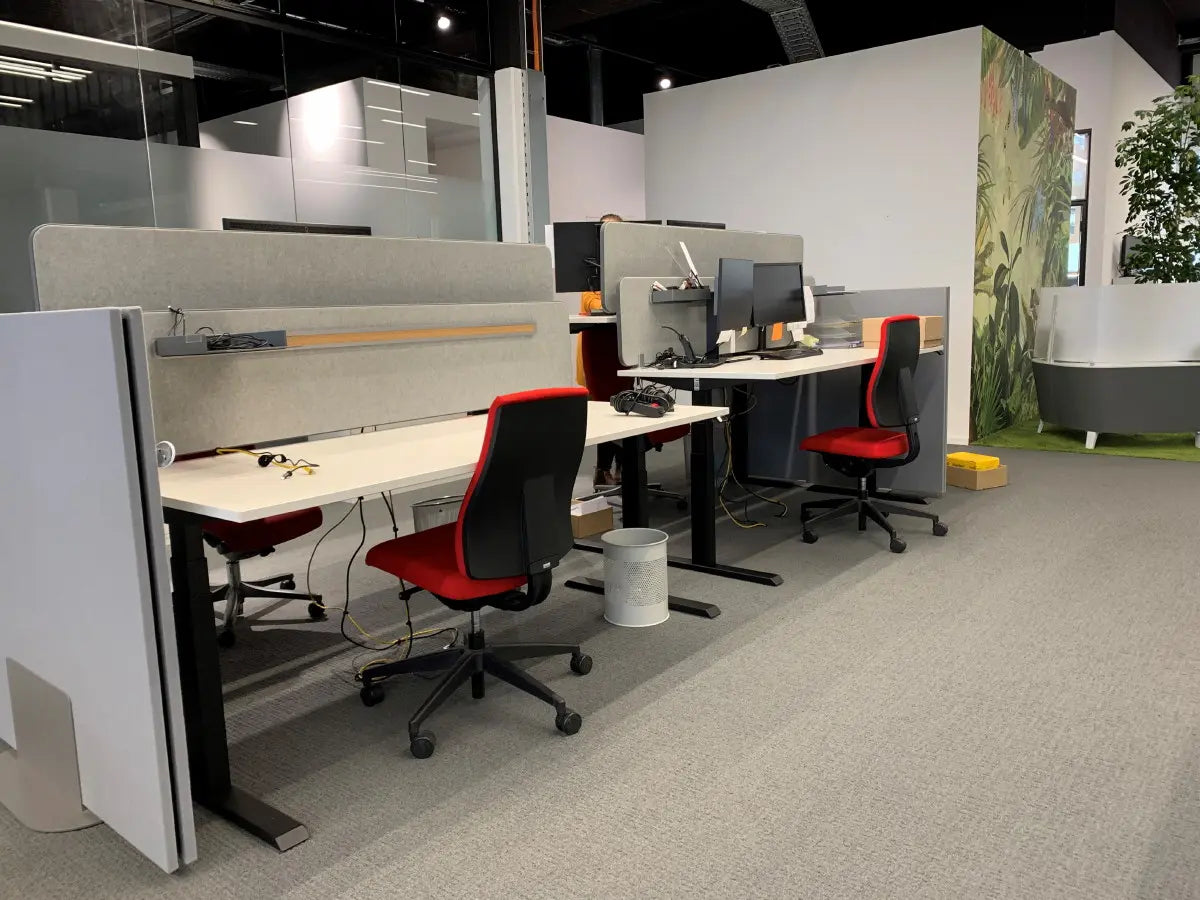Büro mit auf höhenverstellbar umgerüsteten Schreibtischen